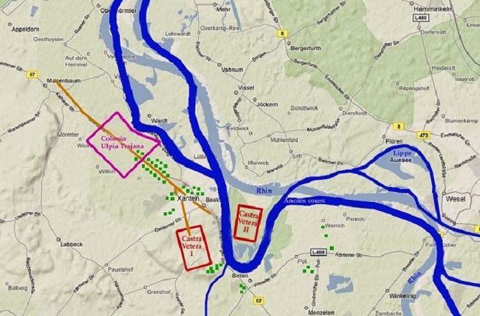 Kartta Castra Vetera,suuri tukikohta, jossa Plinius vietti 10 vuotta ratsuväen komentajana. Sijaintipaikka Ala-Reinin varrella.