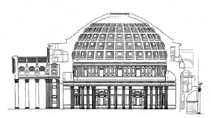 Kupolia kannattavat seinät ovat 6 metriä paksut. Kupoli valettiin tilapäisen puukehikon varaan betonista, johon sekoitettiin tuffia ja hohkakiveä. Kupoli saatiin kevyemmäksi rakentamalla se ontoista koristekaseteista.