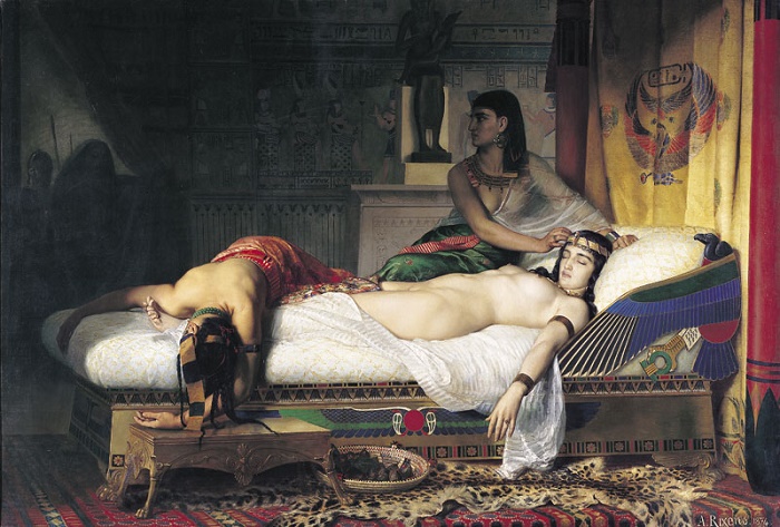 Kleopatran kuolema. Jean-André Rixensin öljyvärityö vuodelta1874.