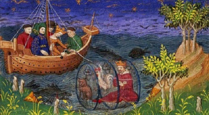 Tämä mielikuvituksellinen teos esittää Aleksanteria tutkimassa merta lasisessa sukelluskellossa kissan ja kukon kanssa. Kuva on peräisin 1400-luvun käsikirjoituksesta “Le Livre et la vraye histoire du bon roy Alexandre”, jota nykyisin säilytetään British Libraryssa. Aleksanteria koskevat legendat ja myytit ovat levinneet laajalle hänen kuolemansa jälkeen yli 2000 vuoden ajan. 