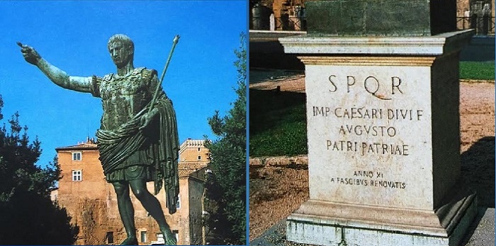 Keisari Augustusta esittävä patsas Mussolinin rakennuttamalla Via dei Fori Imperialilla.