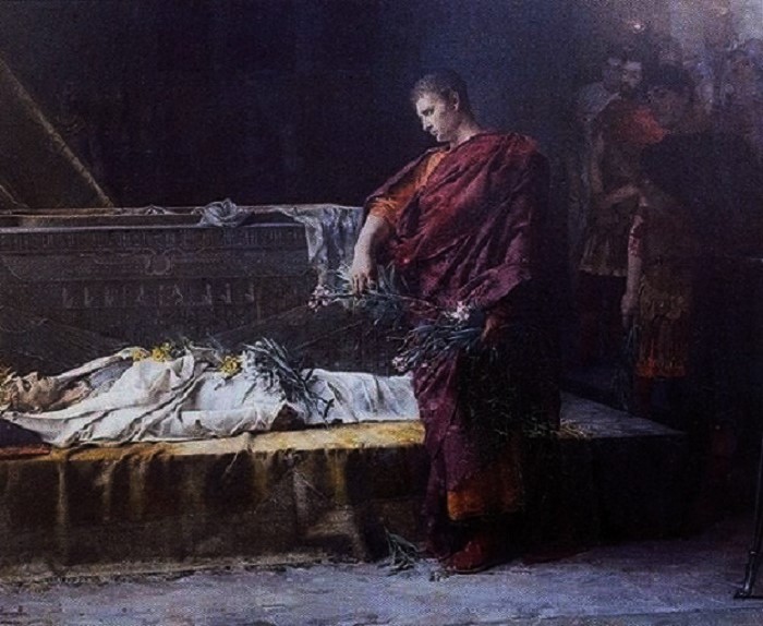 Julius Caesar Aleksanteri Suuren haudalla. Gustave Courtoisin (1852-1923) maalaus vuodelta 1878. Musée de Vesoul, Pariisi.